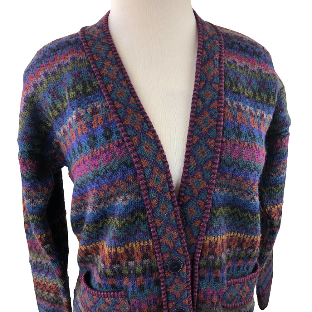 Vintage Peruvian Connection Handmade 100% Alpaca Mixed Print Cardigan Petite - Picture 8 of 10